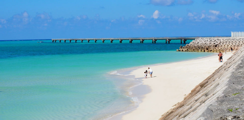 Idyllic beach scene in Japan, featuring turquoise waters, a sandy shoreline, and a long bridge stretching over the ocean, highlighting the serene beauty of Okinawa’s coastal landscapes.