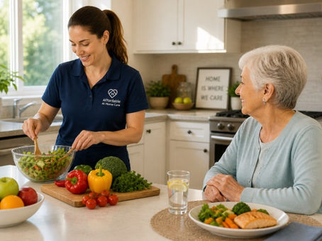 Home care services Eugene, OR caregiver preparing a healthy meal for a senior in a bright kitchen