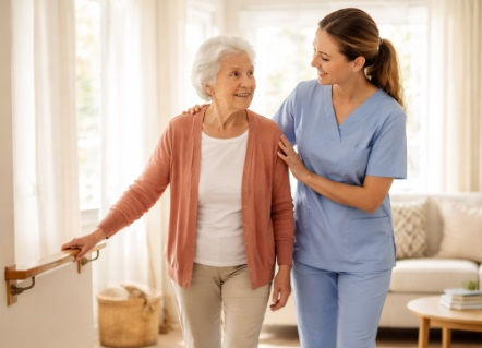 Elderly woman walking safely at home with caregiver support, demonstrating how home care services Kennewick, WA help maintain independence and daily confidence