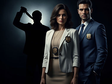 A male and female detective united against the killer behind them