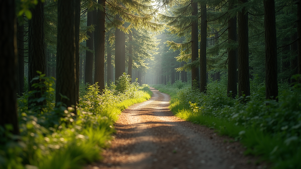 Eye-level view of a quiet path through a forest symbolizing a journey