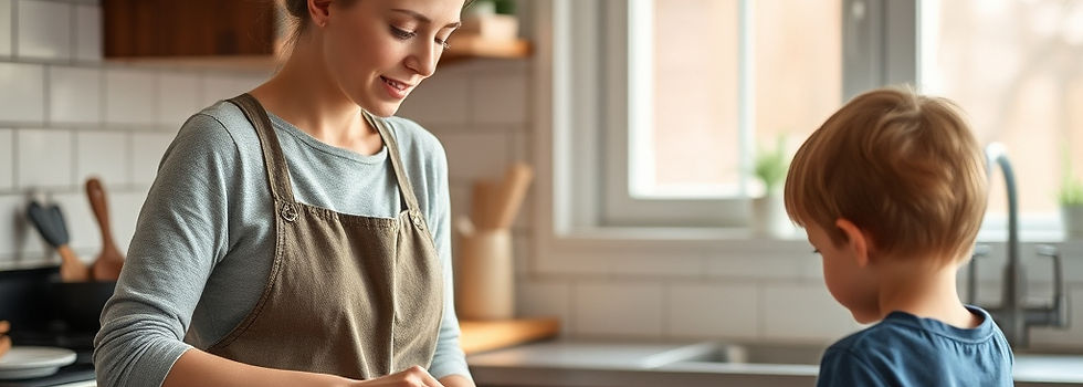 young american woman cooking and tending to children.jpg