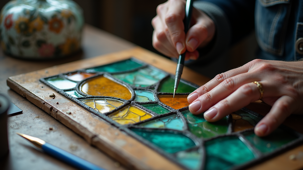 Close-up view of stained glass artist soldering glass pieces