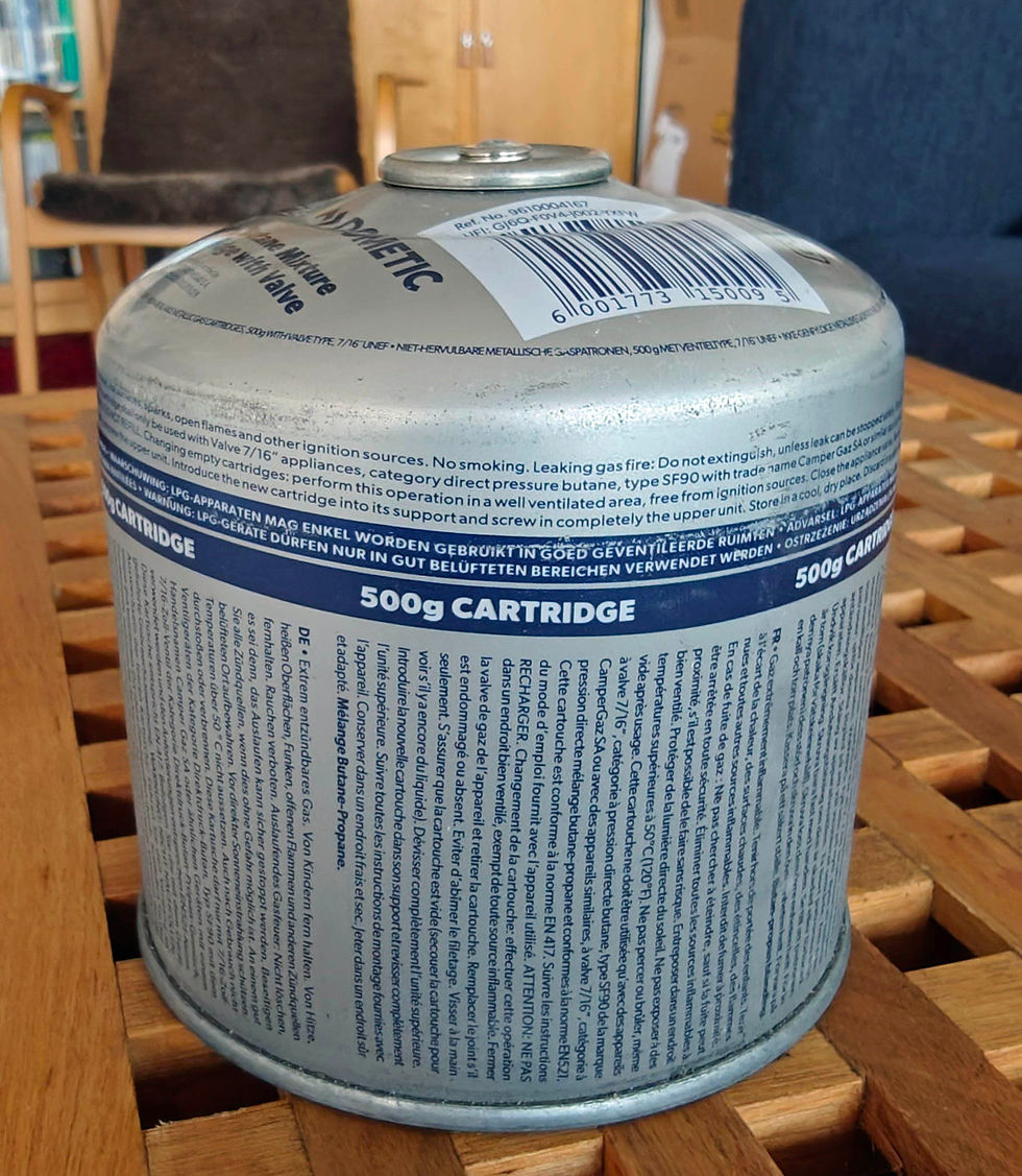 Hur svårt kan det va? Den här sortens gasolflaska har vi sökt efter i halva södra Frankrike. Nu har vi skickat efter sex stycken via nätet.