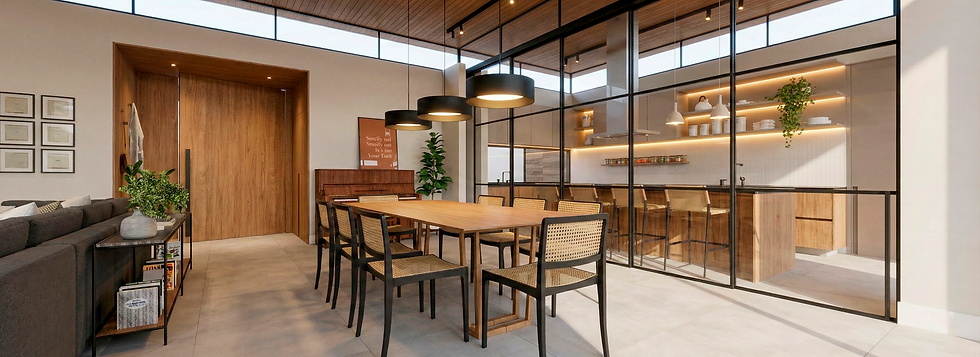 Sala de jantar moderna com mesa de madeira, cadeiras trançadas, cozinha ao fundo. Iluminação elegante, plantas e decoração minimalista.