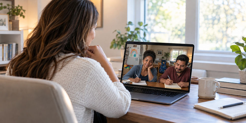 Parent on a virtual coaching call with two parents, shown on a laptop