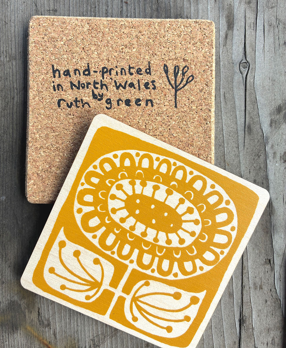Thumbnail: Set of 4 'Marigold'  screenprinted wooden coasters