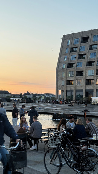 Obyvatelé využívající veřejný prostor a kanály kolem colivingu Slusebro v Kodani