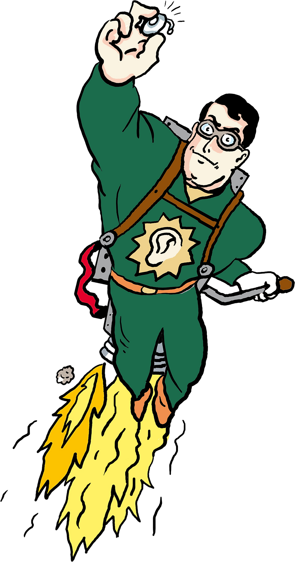 Dieses Gründerstar-Logo zeigt die Illustration eines grünen Superhelden mit Raketenantrieb und Hörgerät in der Hand.