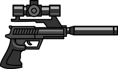 Image of a pistol with a scope and silencer.
