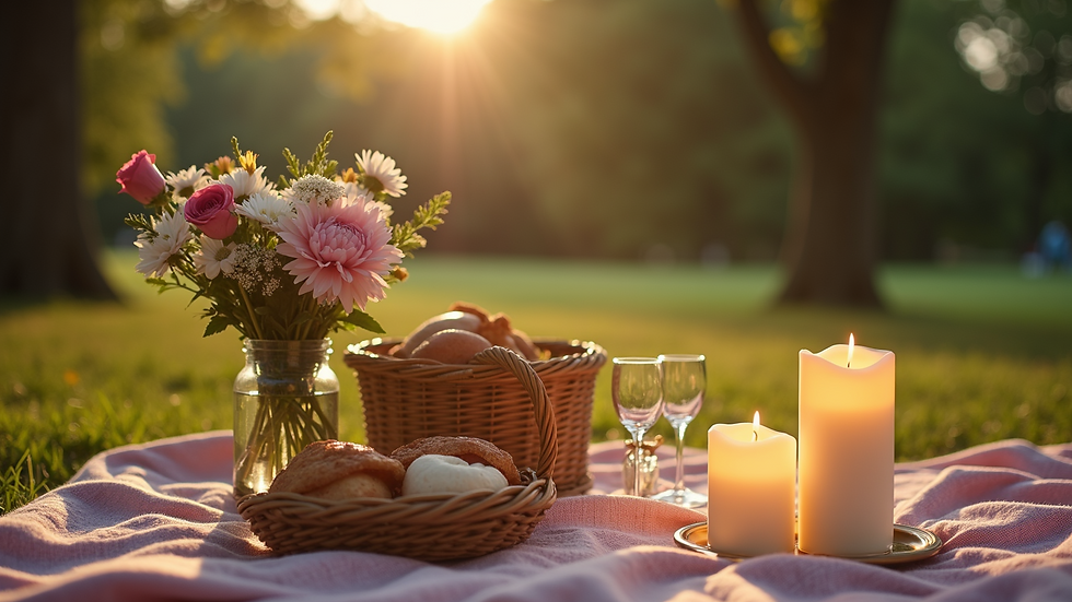 Close-up view of a picnic setup with flowers and candles in a park