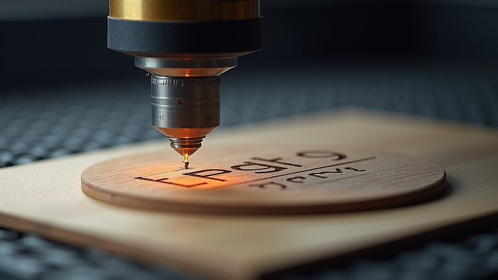 Eye-level view of laser engraving machine working on wooden plaque