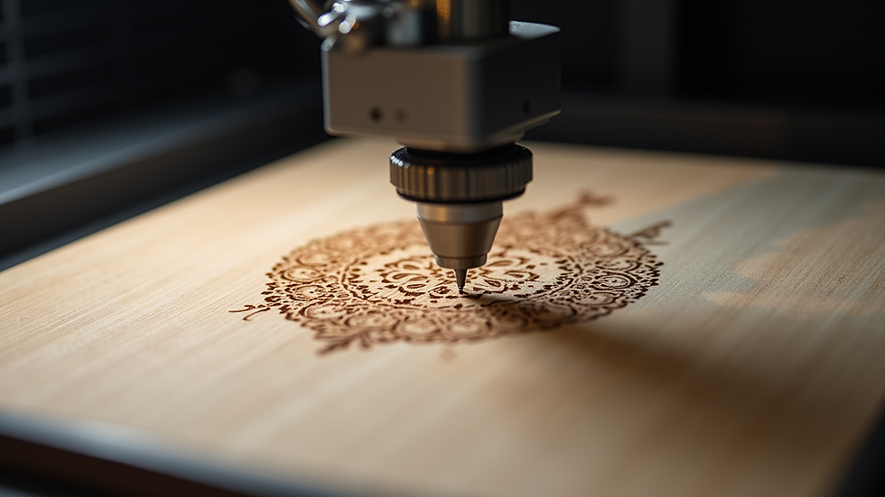 Eye-level view of laser engraving machine etching a 3D design on wood