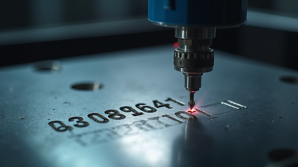 Eye-level view of industrial laser etching machine marking serial numbers on metal parts