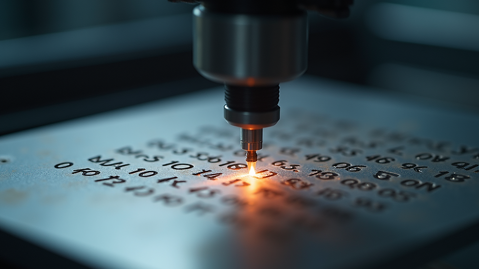 Close-up view of laser etching machine marking serial numbers on metal surface