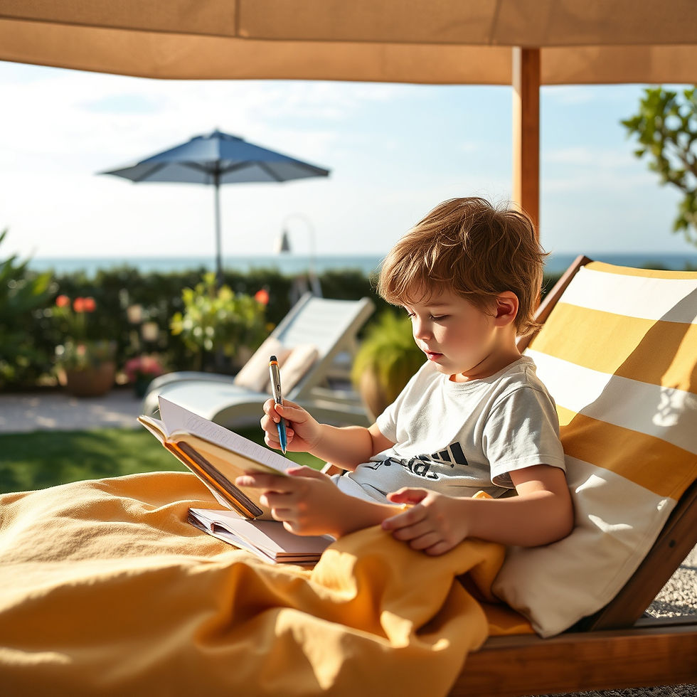 Enfant allongé dans un transat au jardin en train de faire un cahier de vacances pour limiter la perte des acquis scolaires »