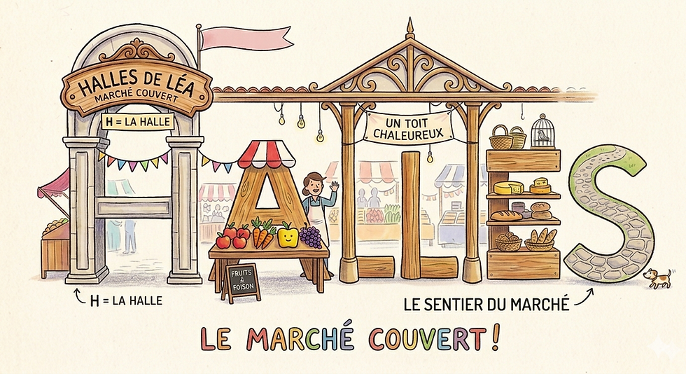 Dessin d'un marché couvert coloré "Les Halles" pour la mémorisation visuelle enfant Dys TDAH