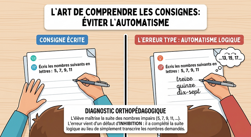 Infographie d'orthopédagogie montrant un exemple d'erreur de consigne : un enfant complète une suite logique (5, 7, 9, 11...) au lieu de simplement transcrire les nombres demandés, illustrant un défaut d'inhibition.