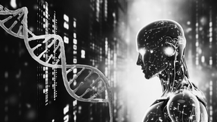 איור של סליל DNA לצד דמות רובוט בינה מלאכותית – מדריך הדורות בשיווק