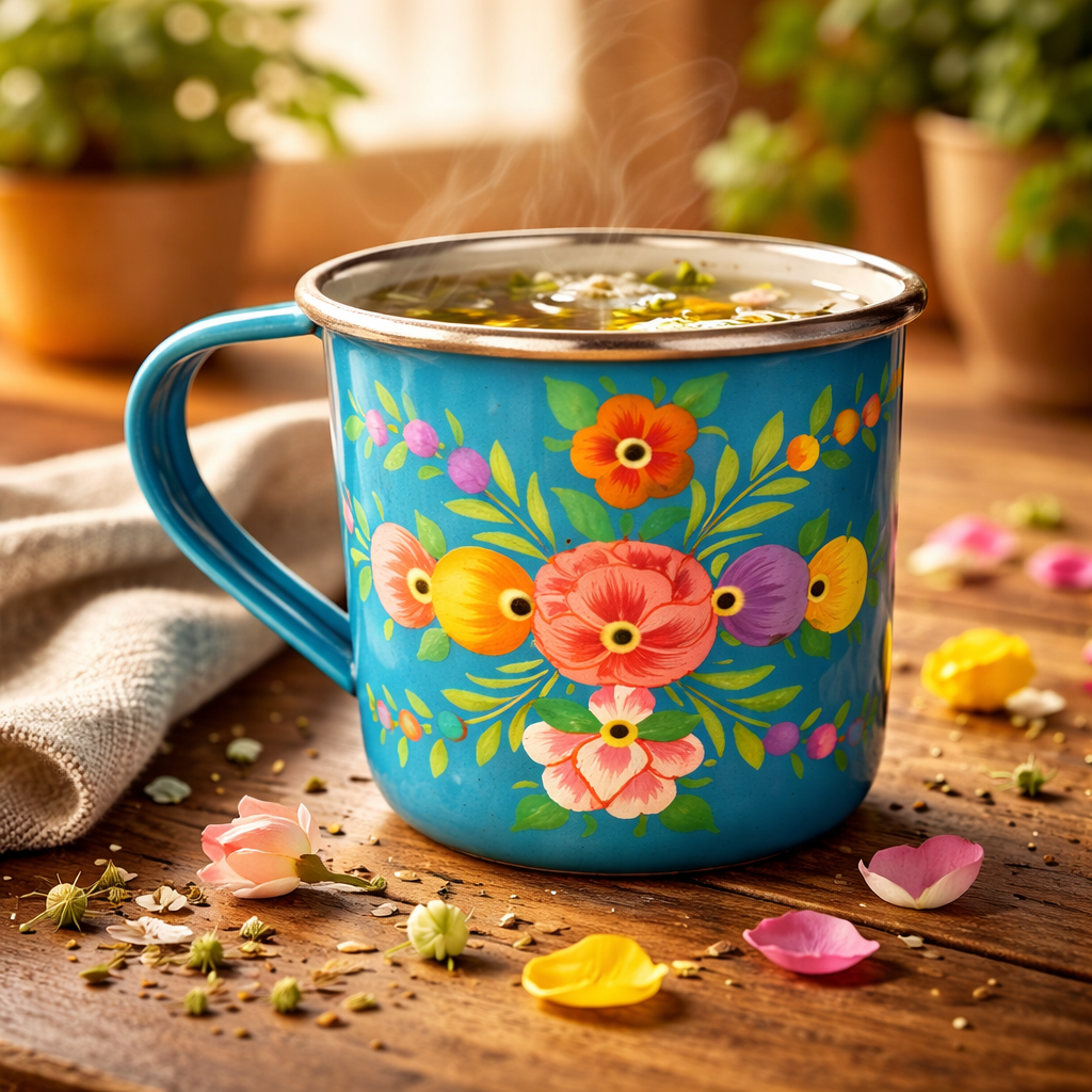 כוס נירוסטה מצויירת בעבודת יד רגיסטנית עם ידית ברקע כחול