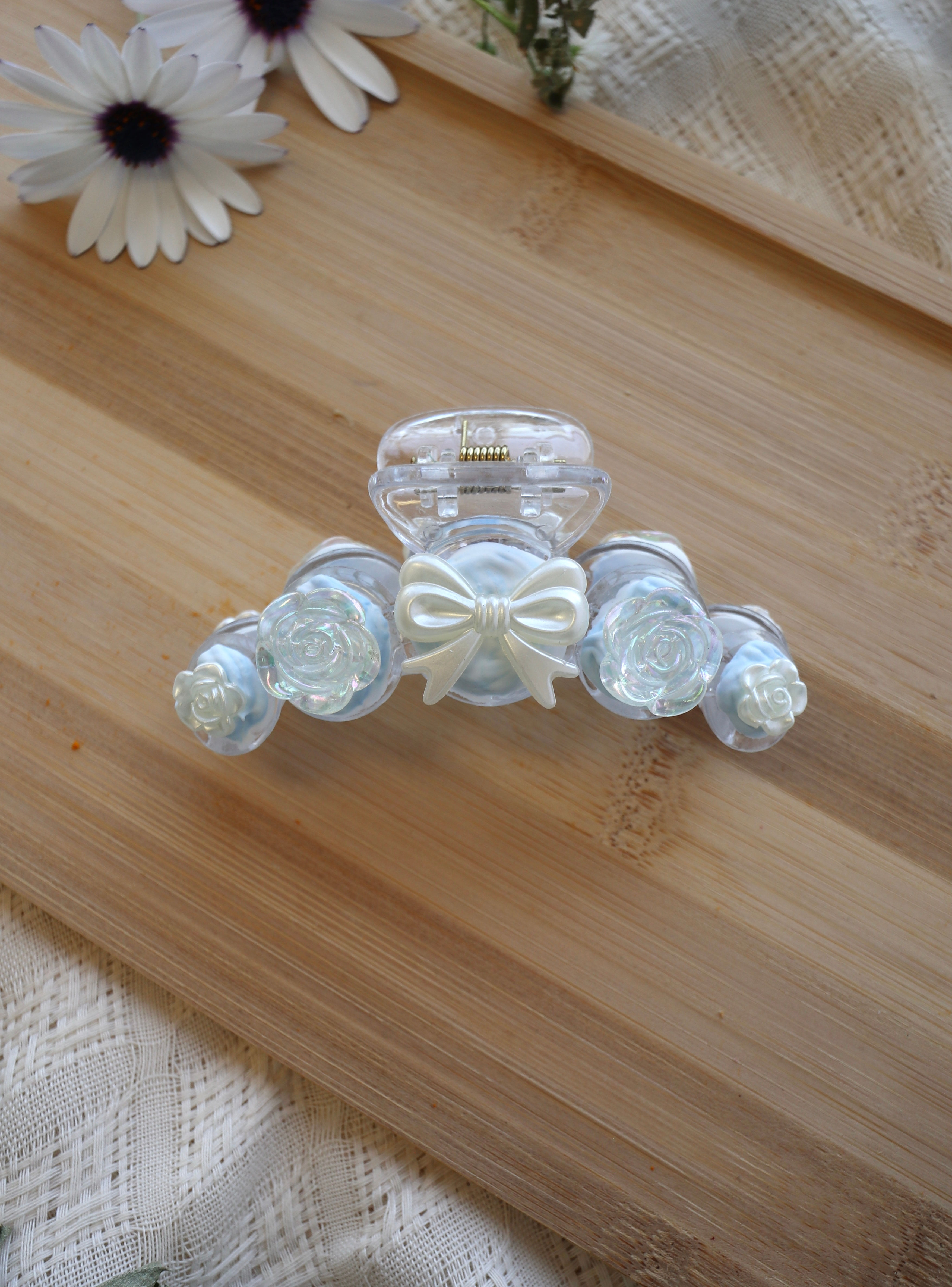 Blue Grace Bow hair claw accessory decorated with imitation cream glue front view