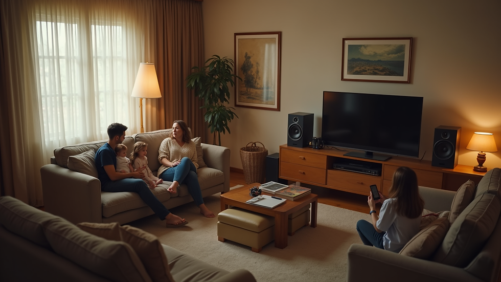 High angle view of a family sitting together in a living room, listening to classical music on a speaker