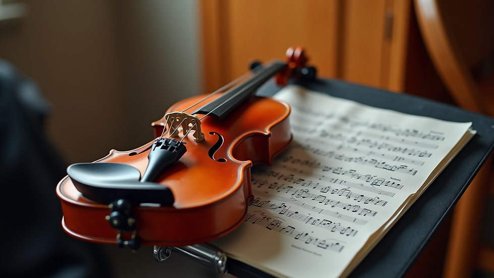 Close-up view of a violin resting on a music stand with sheet music