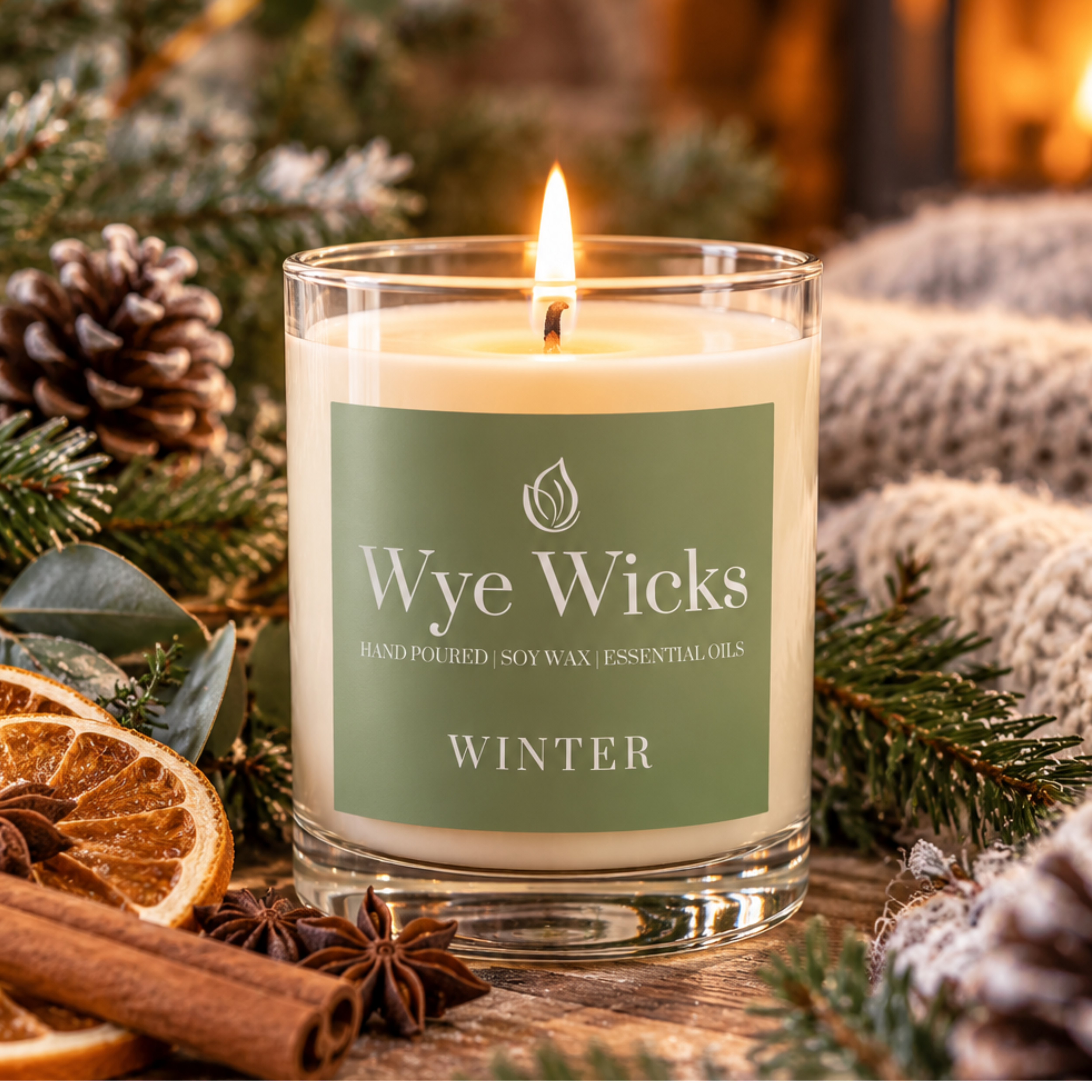 Wye Wicks Winter Soy Candle with cinnamon, clove, ginger, nutmeg and star anise essential oils. Chai inspired