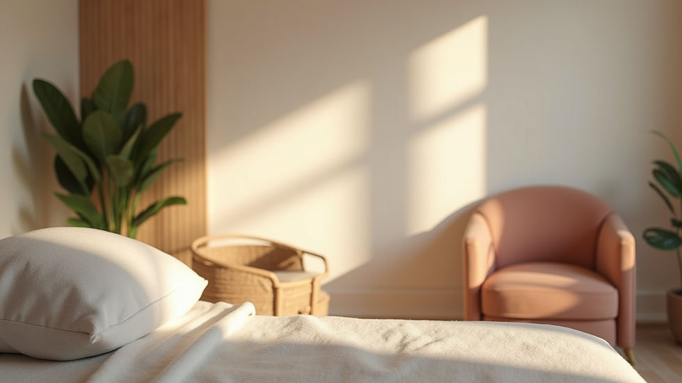 Eye-level view of a peaceful therapy room with soft lighting and comfortable seating