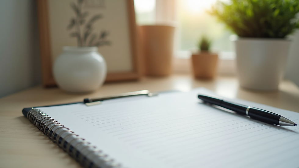 Close-up view of a therapist’s desk with a notebook, pen, and calming decor