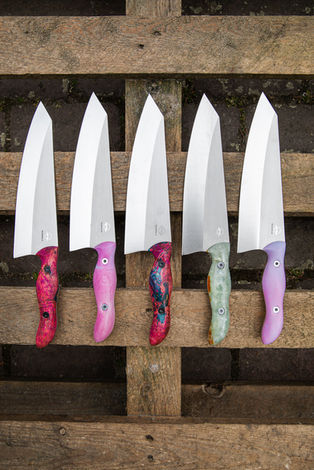 Different sets of Moustache knives by Mknives, Demi chef kitchen knife with kiritsuke point, epoxy and wood kitchen knife handles