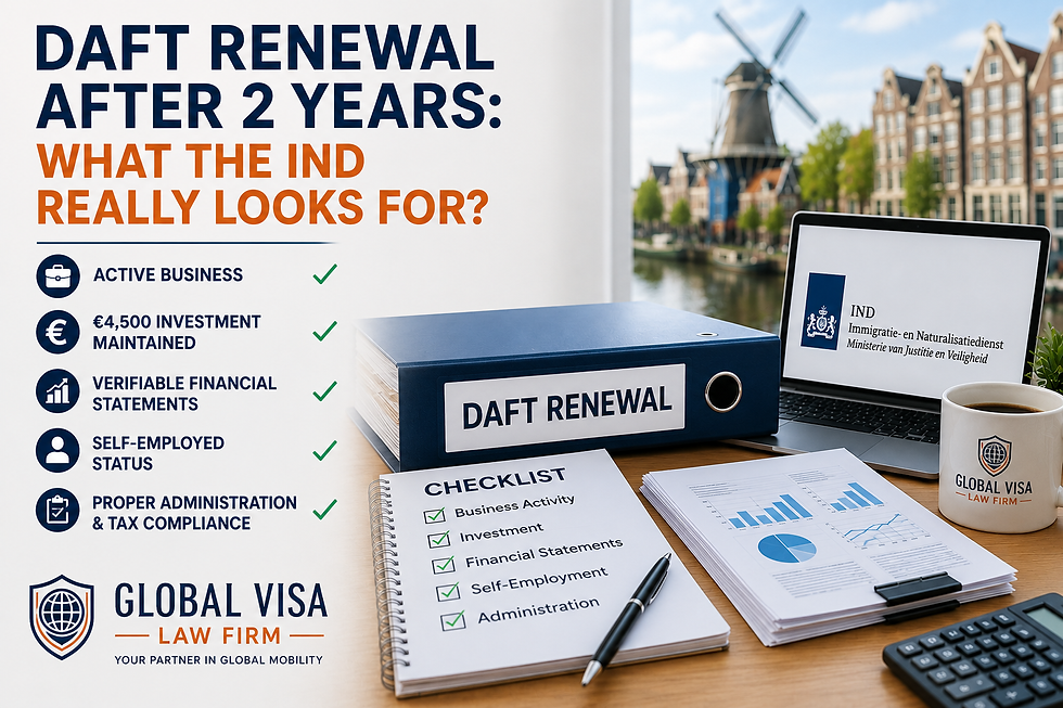 American entrepreneur preparing for DAFT renewal after 2 years in the Netherlands, reviewing business financial statements, tax records, accounting documents, and IND immigration requirements for a Dutch residence permit extension under the Dutch-American Friendship Treaty.
