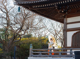普済寺で撮影をする振袖女性