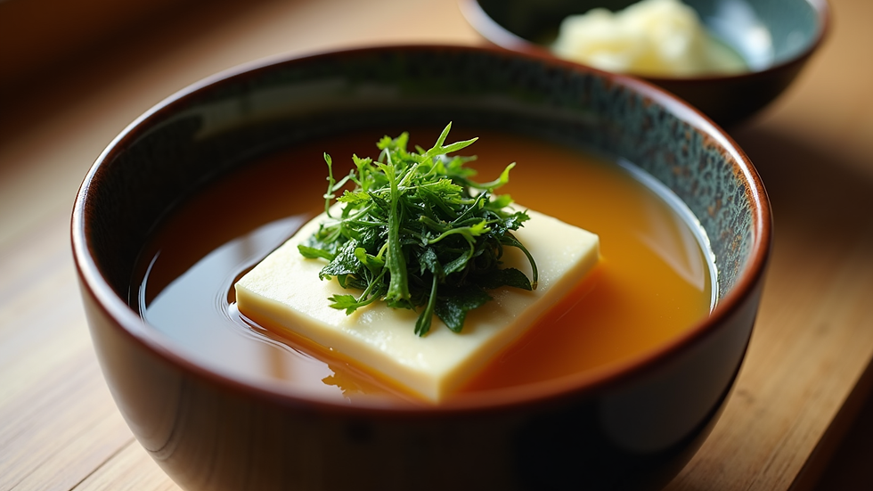 Eye-level view of a bowl of miso soup with seaweed and tofu