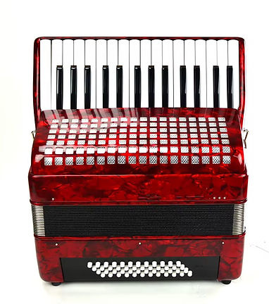 Vibrant red accordion featuring piano keyboard and bass buttons. Available in stocks