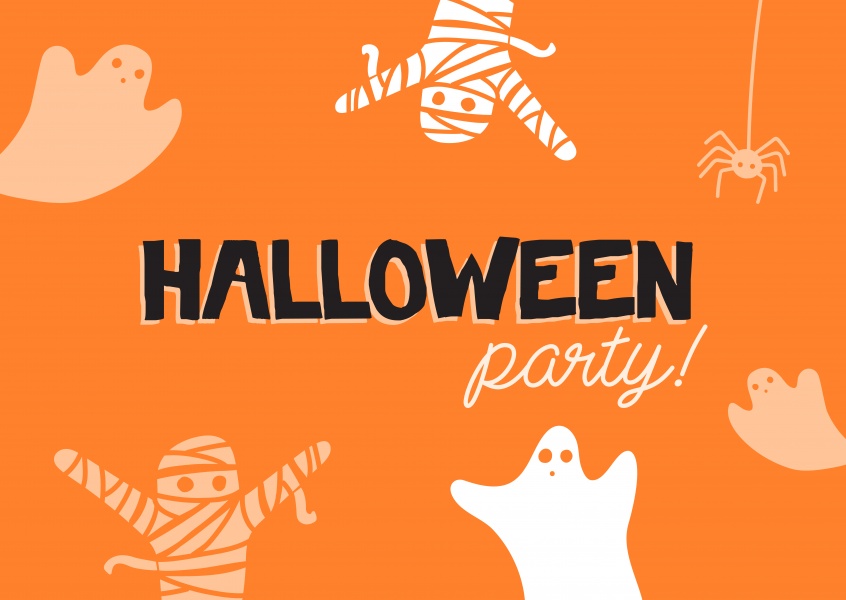 ghosts, mummies, and spiders are surrounding the text: Halloween Party