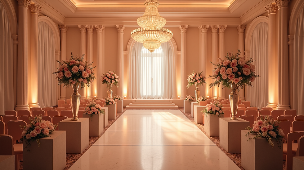 Wide angle view of a beautifully decorated event space with elegant lighting and floral arrangements