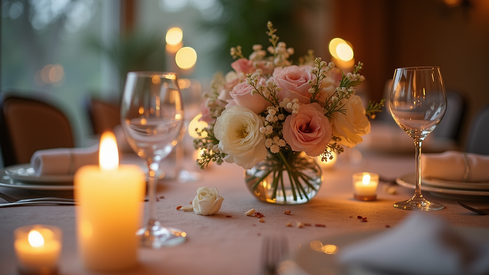Eye-level view of elegant event table setting with floral arrangements and candles