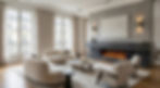 Long linear water vapor fireplace set into a grey marble surround in an elegant Parisian apartment living room