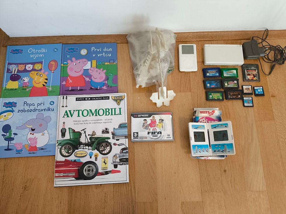 Some books, Gen 3 iPod, Ngage game box, mini arcade Pizza LCD game, Nintendo DS Lite and some games