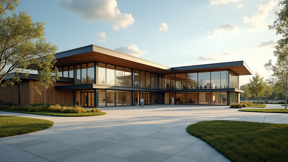 High angle view of the exterior of a modern community center building