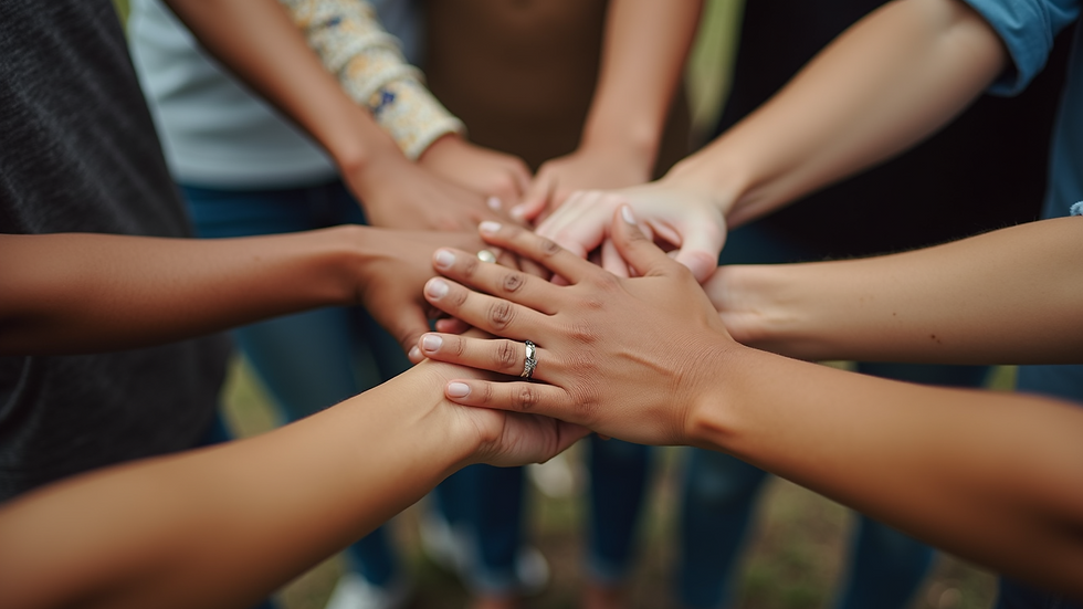 Close-up of a circle of diverse people holding hands in a community gathering