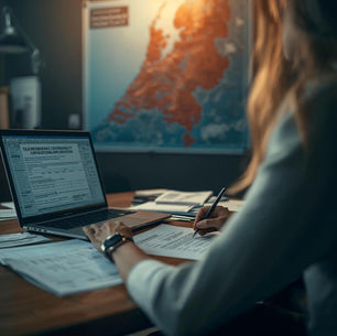 Polak w Holandii siedzi przy biurku, wypełnia wniosek o certyfikat rezydencji podatkowej, obok dokumenty i laptop, w tle mapa Holandii