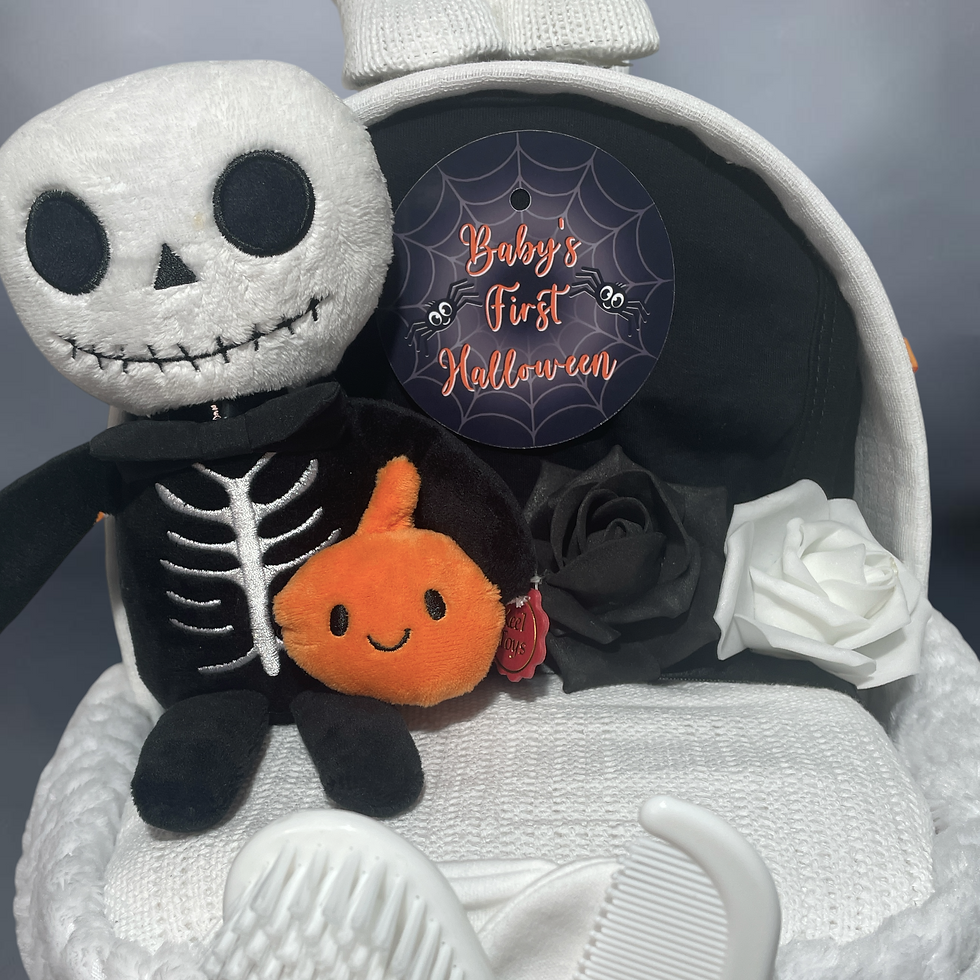 Baby’s first Halloween nappy cake pram gift with festive seasonal details
