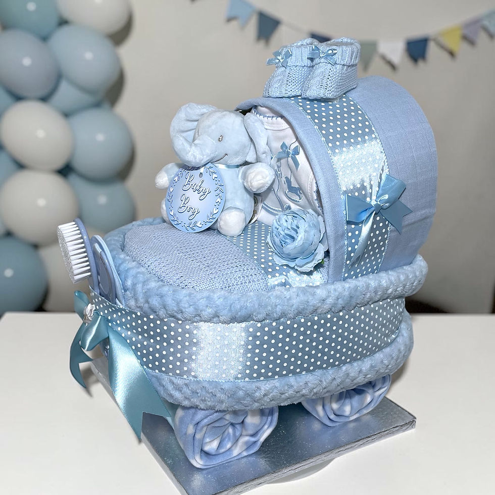 Baby boy blue elephant nappy cake pram gift packed with essentials