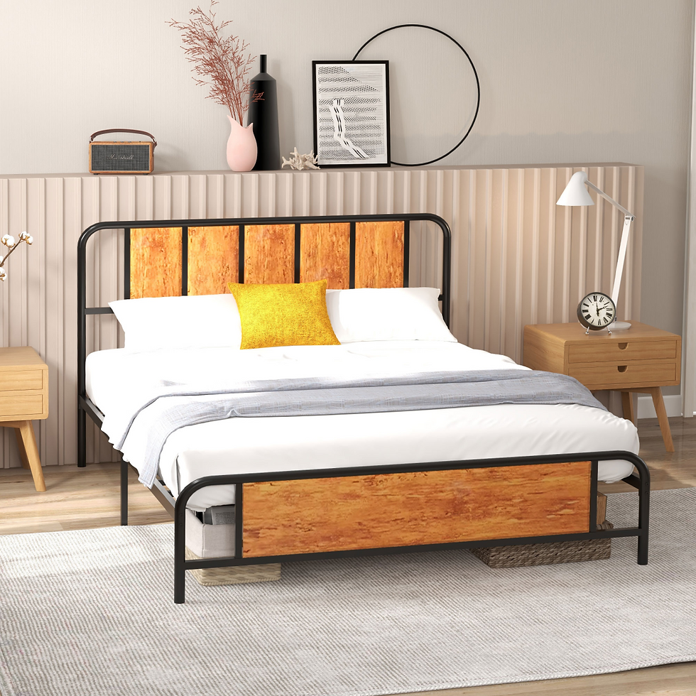 Brown & Black king size steel bed frame with headboard, nine legs for support, and under-bed storage space