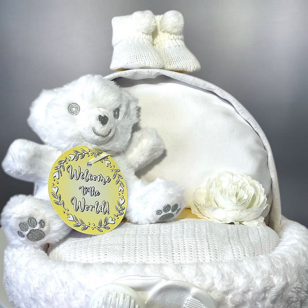 Thumbnail: White and gold baby nappy cake pram gift with coordinated essentials