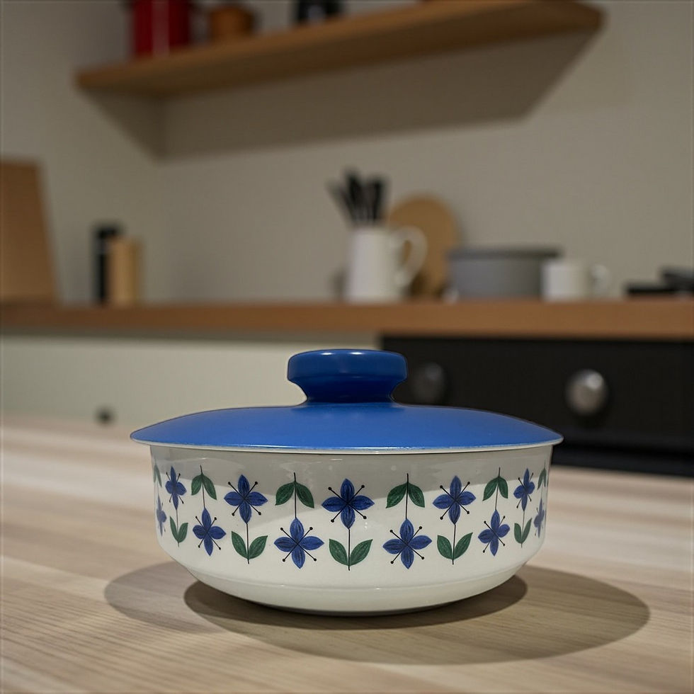 Thumbnail: Midwinter Roselle tureen with blue floral pattern, 1960s British ceramic collectible.