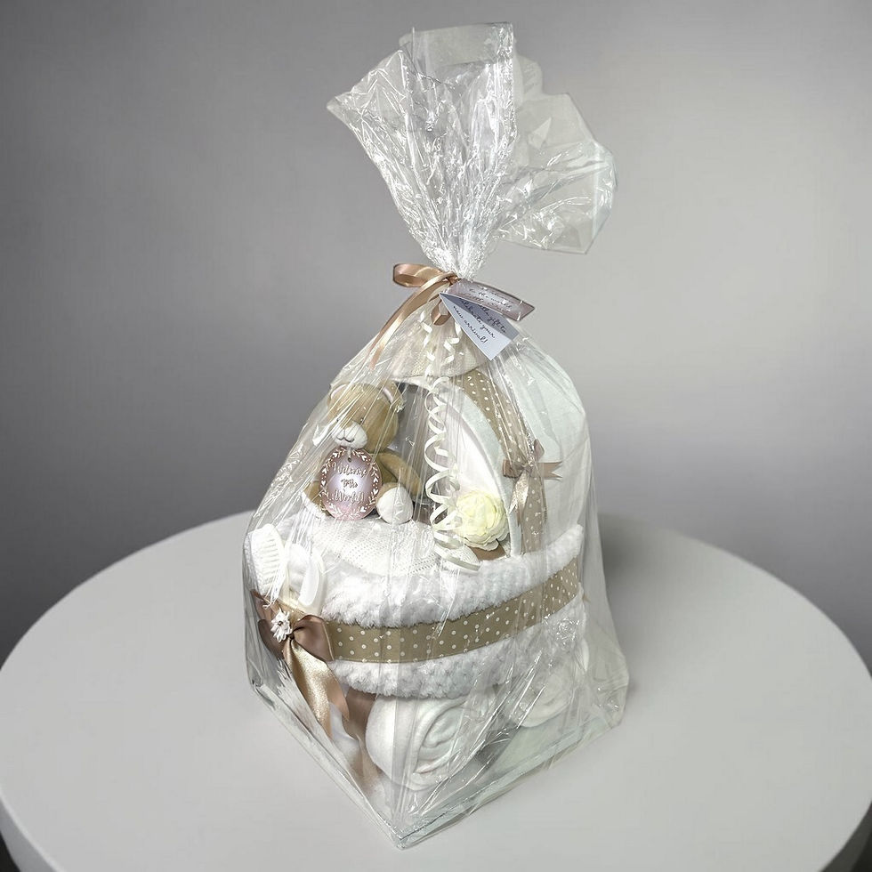 Thumbnail: Neutral baby brown nappy cake pram gift with coordinated essentials