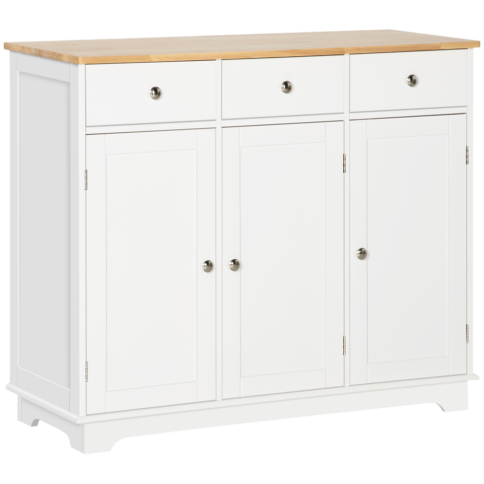 White sideboard with rubberwood top, buffet drawers, and adjustable shelves